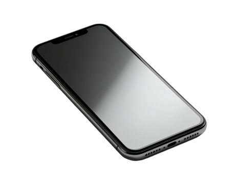 Angled smartphone displays a dark screen against a black background