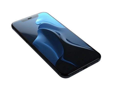 A sleek black mobile phone, angled, showcasing a flowing blue digital wallpaper