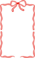 Rectangle red ribbon bow frame. Hand drawn aesthetic vertical border. Whimsical vector illustration. Trendy art for Christmas, Valentines day, birthday, menu, bachelorette party design line art.