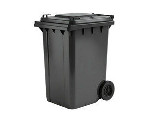 Black wheeled receptacle with lid, standing on black background