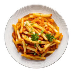 Poutine traditional canadian on white plate top view isolated on transparent background