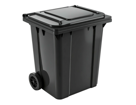 A black rectangular wheeled bin with a hinged lid, viewed from a slight angle