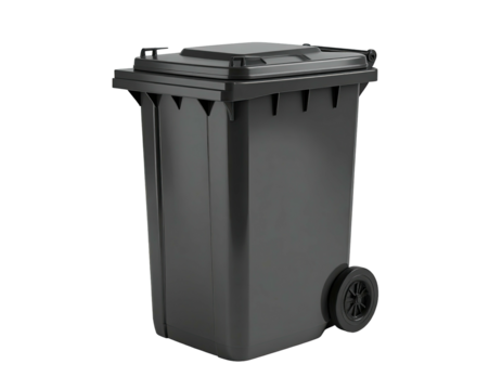 Black wheeled receptacle with lid, standing on black background