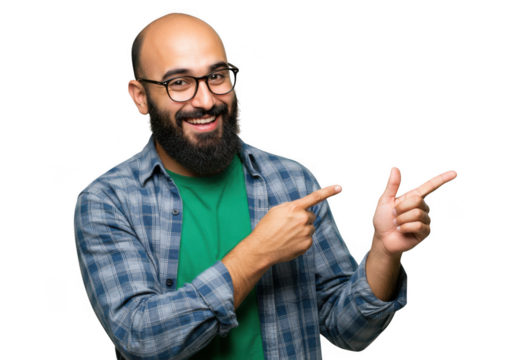 Bearded man with glasses grinning and pointing to the side in casual attire transparent background