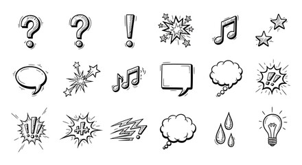 A collection of hand-drawn comic book style symbols including speech bubbles, punctuation, and action effects.