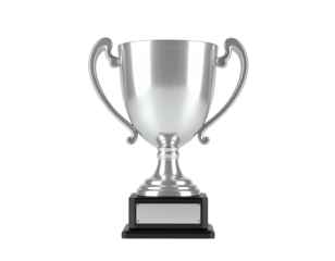Silver trophy with handles and a blank rectangular base, black background