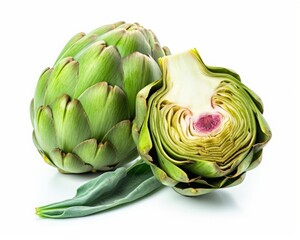 Fototapeta premium Green artichoke and artichoke heart isolated on white background