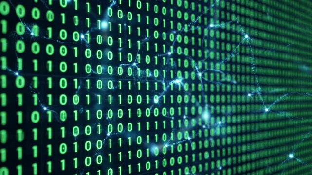 Dynamic binary code pattern with electric energy pulses on digital screen background