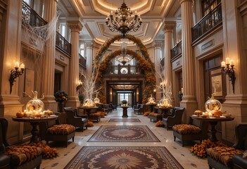 Obraz premium Luxury Hotel Lobby Interior Decorated for Halloween and Fall with Pumpkins and Cobwebs