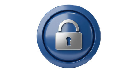 Blue round security button with silver padlock isolated, protection and privacy concept in PNG format