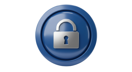 Blue round security button with silver padlock isolated, protection and privacy concept in PNG format