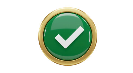 Green check mark button isolated PNG, golden frame approval icon for web design and user interface elements on transparent background