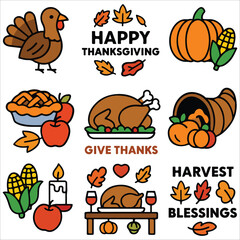 Colorful Thanksgiving Doodle Icon Set