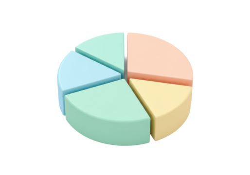 Pastel pie chart isolated on transparent background, 3D render of business data visualization for infographics and presentations