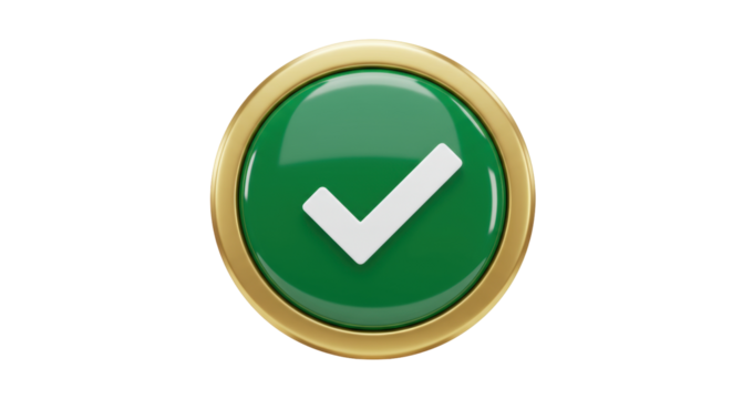 Green check mark button isolated PNG, golden frame approval icon for web design and user interface elements on transparent background