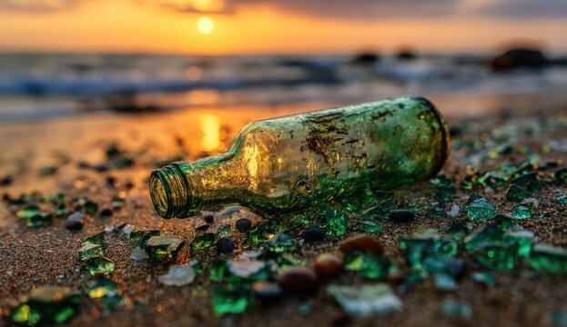 Empty glass bottle and broken shards on a sandy beach at sunset, environmental pollution concept.