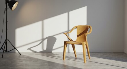 Fototapeta premium Sculptural art piece: A hand-carved wooden chair with flowing lines and organic curves, set in a minimalist studio with gentle natural light. 