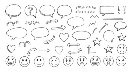 Collection of hand-drawn speech bubbles, arrows, hearts, stars, and emoticons for communication and design.