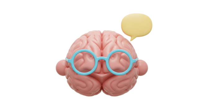 Pink brain with blue glasses and yellow speech bubble isolated PNG, creative thinking and intelligence concept on transparent background