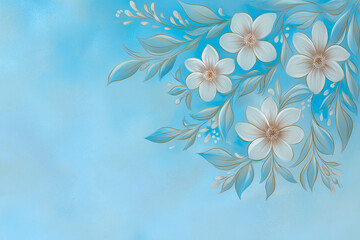Elegant Flora: A delicate bouquet of white flowers, intertwined with soft, gray-blue foliage, rests gently against a serene blue backdrop. The image evokes a sense of purity, freshness, and calm.