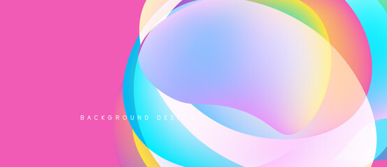 Abstract colorful layers overlap. Pink background provides contrast. Modern design evokes fluidity, vibrancy, energy. Smooth gradients create visual interest.