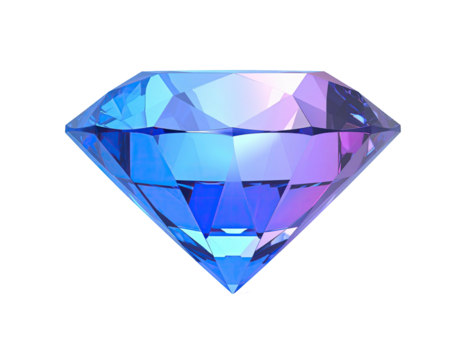 Shimmering, faceted gemstone with blue, purple, and iridescent color gradients