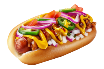 Colombia Perro Caliente Hot Dog Colombiano topped with mustard, red onions, jalapenos, chili, tomatoes, isolated on white transparent background, concept of fast food and street cuisine