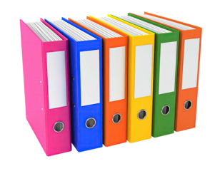 Six upright colorful ring binders, each with a white label on the spine