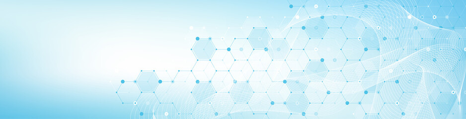Modern health care or medical background design. Health care innovation concept. Horizontal header web banner. Abstract geometric background with hexagon shapes for medicine, science, chemistry.