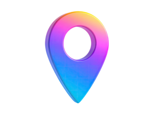 A three-dimensional, gradient-colored location pin graphic on a black background