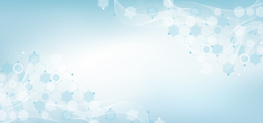 Modern health care or medical background design. Health care innovation concept. Horizontal header web banner. Abstract geometric background with hexagon shapes for medicine, science, chemistry.
