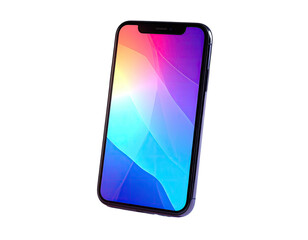 Angled smartphone with colorful abstract wallpaper against a stark black backdrop