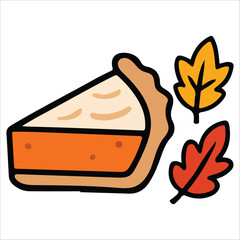 Pumpkin Pie Slice with Autumn Leaves Thanksgiving Dessert Illustration