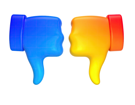 Two 3D thumbs-down icons, one blue, the other yellow-orange, on black