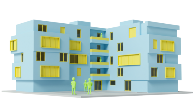 Modern blue apartment building with yellow accents isolated, architectural model for real estate visualization and urban planning