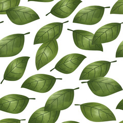 Green leaves seamless vector pattern. Watercolor tea leaf background, textured jungle print.
