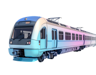 A streamlined passenger train in pastel blue and pink, isolated against black