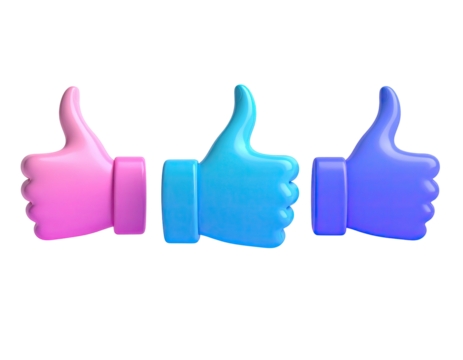 Three colorful thumbs-up icons in pink, blue, and purple against a black backdrop - Powered by Adobe