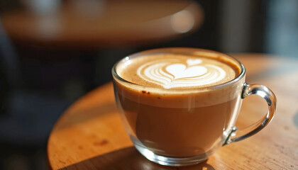 Close-up shot of coffee with latte art heart on wooden table, coffee cup with heart shape in foam is ready to drink. Fresh coffee can refresh and rejuvenate. Coffee as a cafe advertisement.