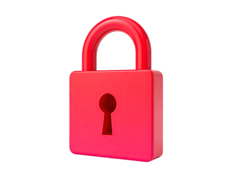 A vibrant red 3D padlock, centered on a black background, isolated