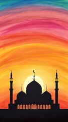 Silhouette of a grand mosque with minarets against a vibrant colorful sunset sky and a bright moon