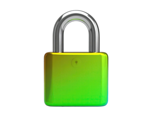 A vibrant padlock with a metallic shine, hovering against a black background