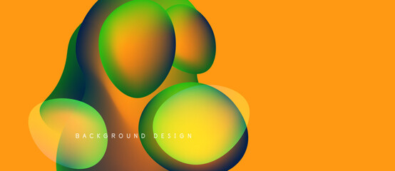 Abstract colorful shapes overlap orange backdrop. Gradient hues create dynamic visual effect. Modern design element for backgrounds.