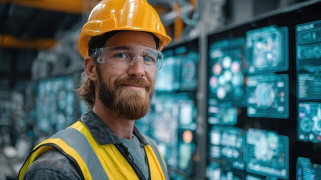 engineer wearing a yellow helmet and reflective safety vest operating advanced digital control panels in a high-tech industrial