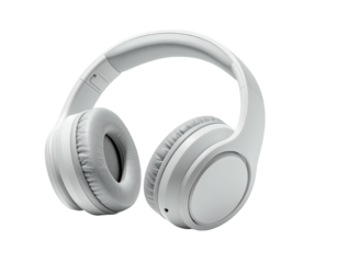 Overhead white headphones angled, showcasing earcups and headband on a black background