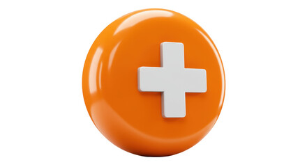 Orange plus sign 3D render isolated on transparent background, addition symbol for medical or mathematical use