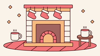 Cozy holiday fireplace scene with stockings and warm drinks for christmas eve