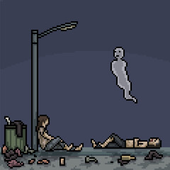 pixel art of homeless man sleep at street