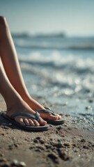 Fototapeta premium feet wearing colorful flip-flops on warm sandy beach with sunlit waves in the background