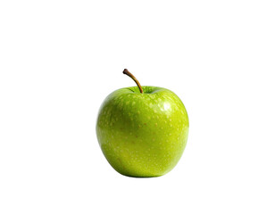 A bright green apple with a dark stem stands out against a stark black background